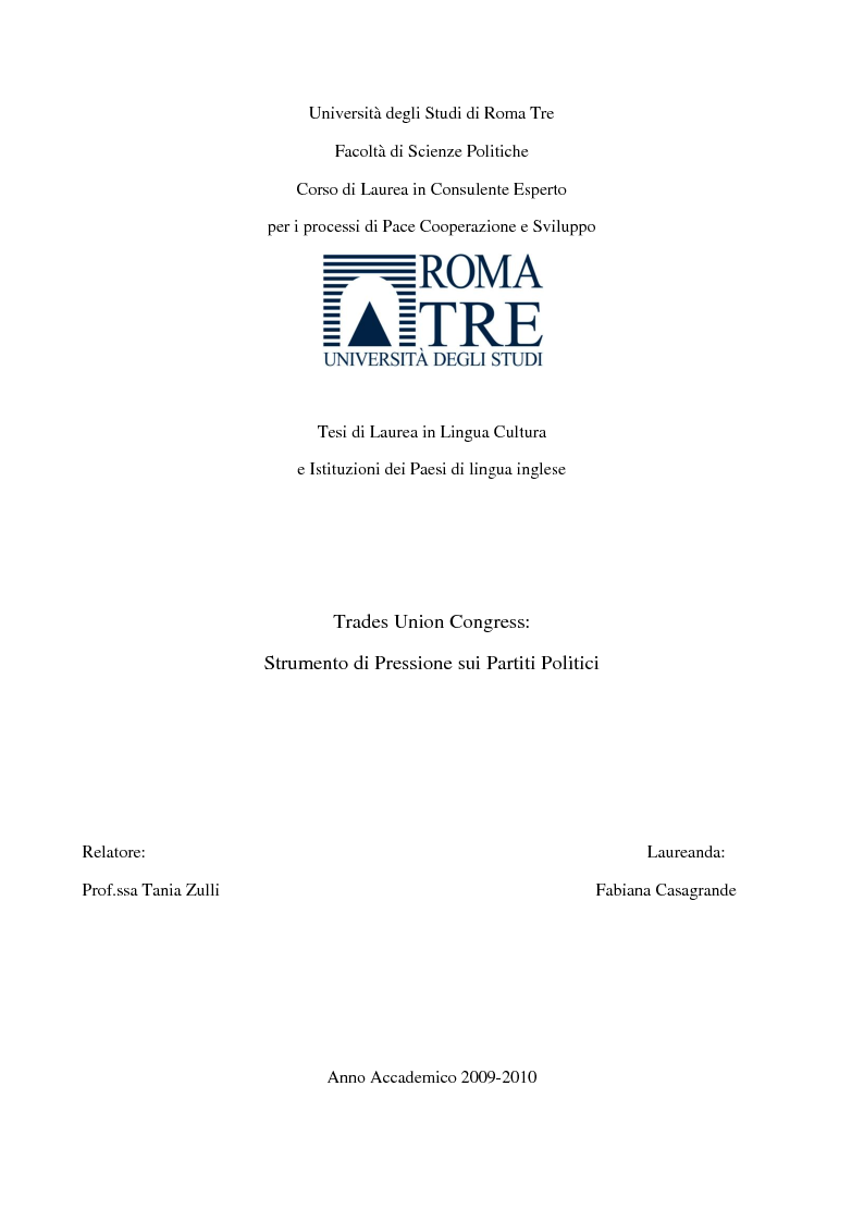Anteprima della tesi: Trades Union Congress: Strumento di pressione sui Partiti Politici, Pagina 1