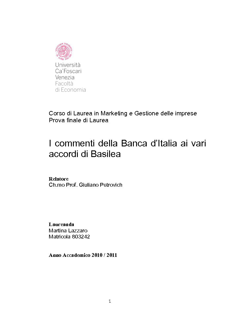 Anteprima della tesi: I commenti della Banca d'Italia ai vari accordi di Basilea, Pagina 1