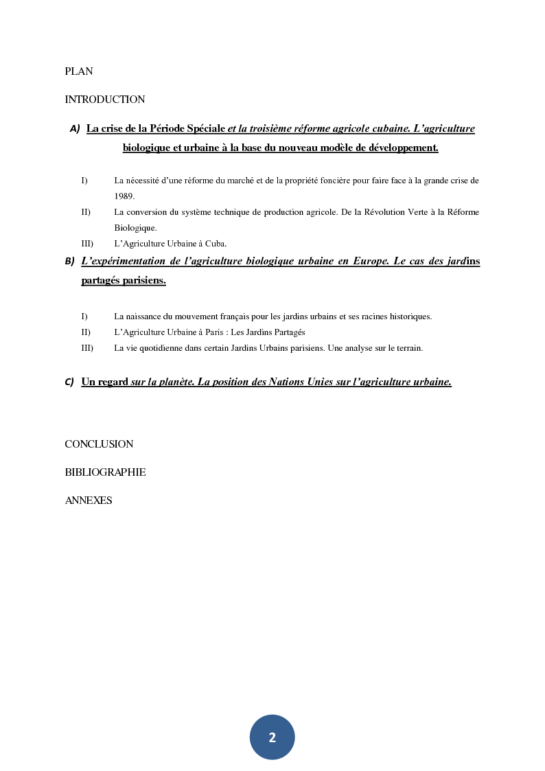 Indice della tesi: Cultivons la ville. Les différents objectifs de l’agriculture urbaine à l’Havane et à Paris., Pagina 1