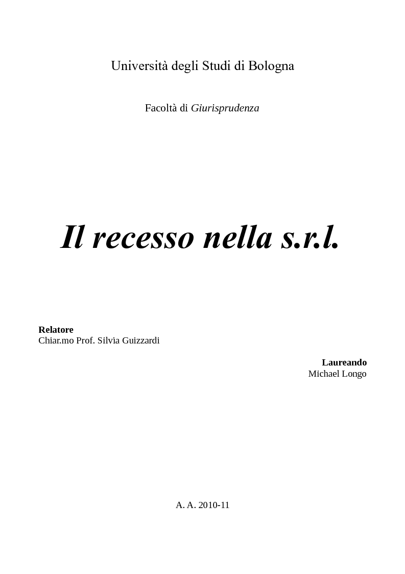 Anteprima della tesi: Il recesso nella s.r.l., Pagina 1