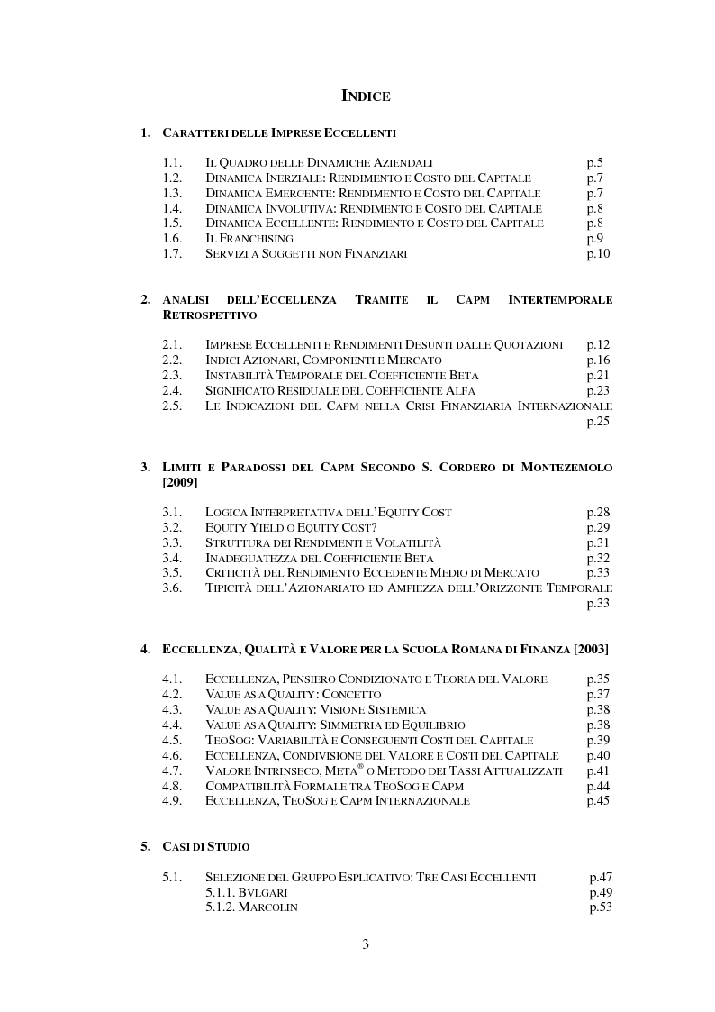 Indice della tesi: International firm's Excellence - Limiti e paradossi delle valutazioni finanziarie, Pagina 1