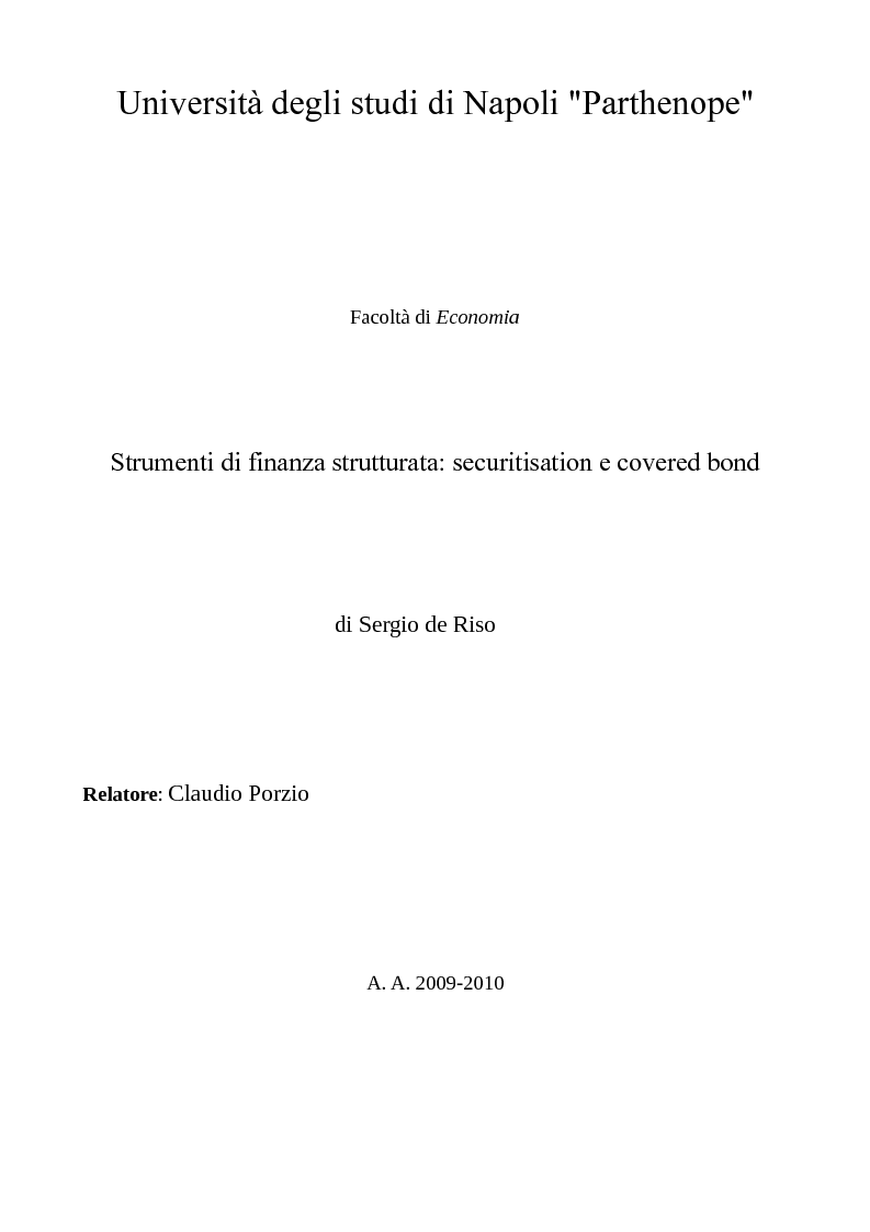 Anteprima della tesi: Strumenti di finanza strutturata: securitisation e covered bond, Pagina 1