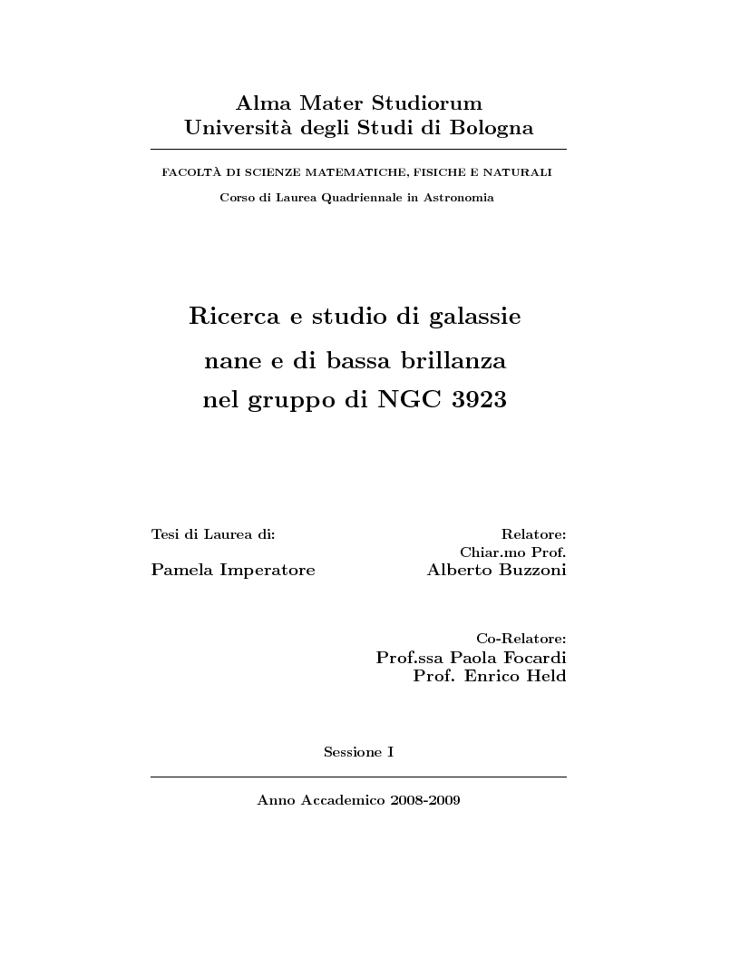 Anteprima della tesi: Ricerca e studio di galassie nane e di bassa brillanza nel gruppo NGC3923, Pagina 1
