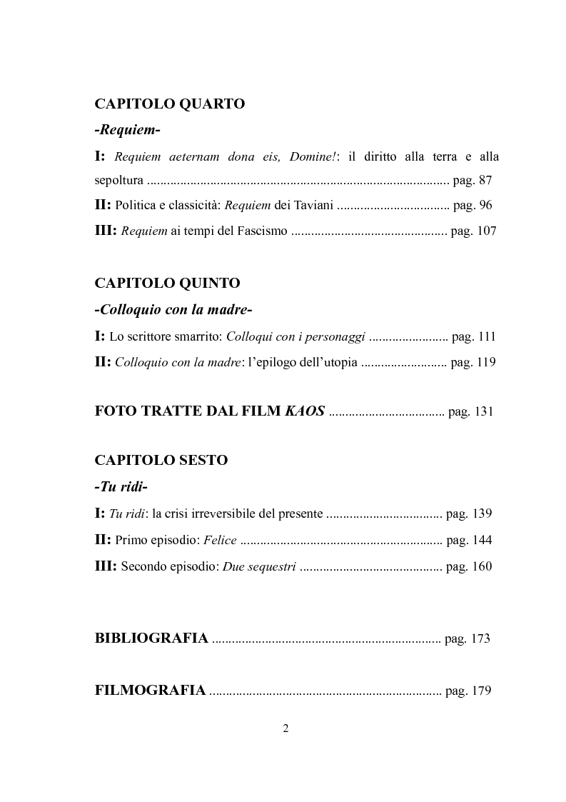 Indice della tesi: ''Kaos'' e ''Tu ridi'': i fratelli Taviani interpretano Luigi Pirandello, Pagina 2