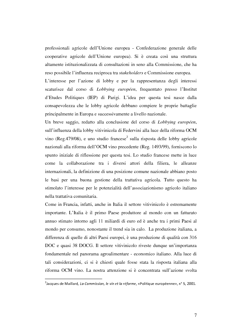 Anteprima della tesi: La rappresentanza degli interessi settoriali nel processo d’integrazione europea: le lobby agricole italiane e la riforma dell’organizzazione comune del mercato vitivinicolo, Pagina 3