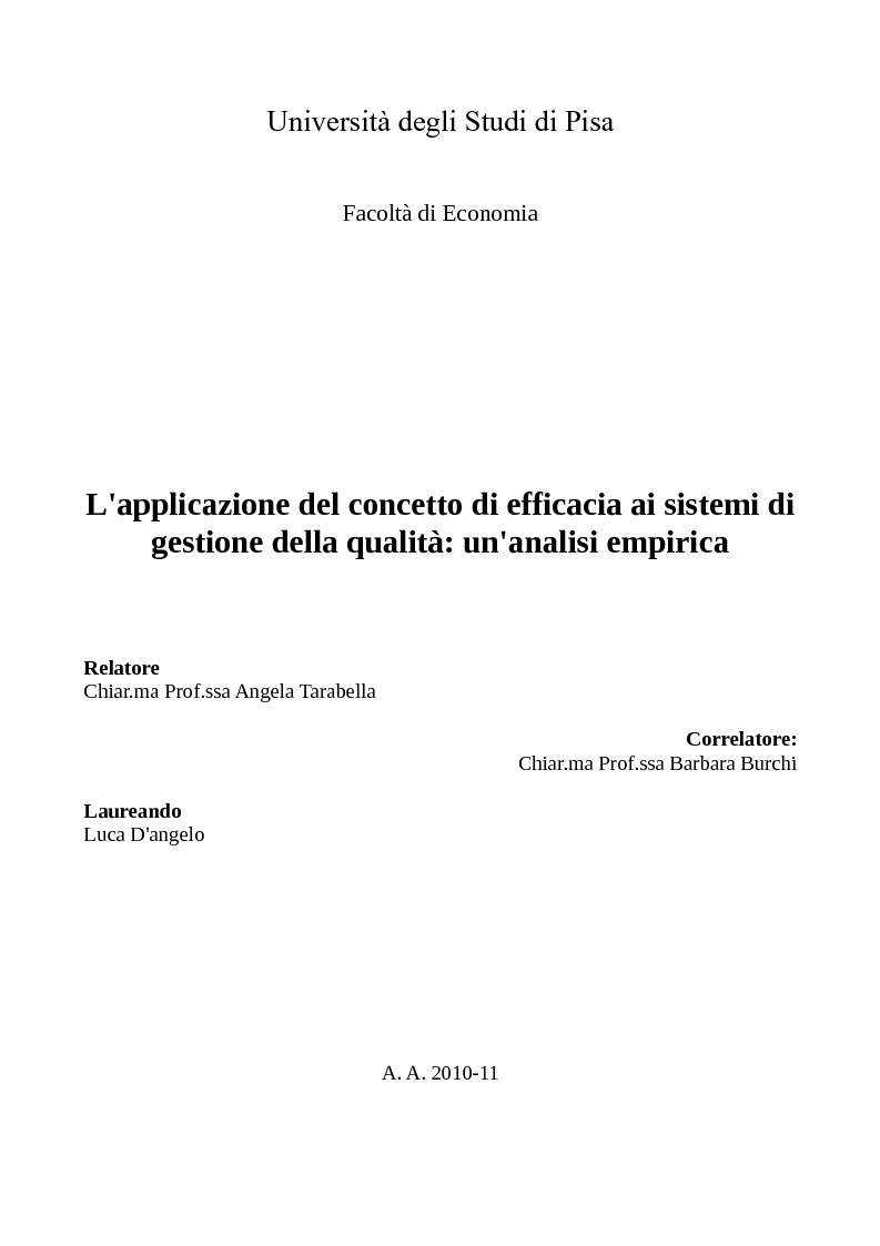 Anteprima della tesi: L'applicazione del concetto di efficacia ai sistemi di gestione della qualità: un'analisi empirica, Pagina 1