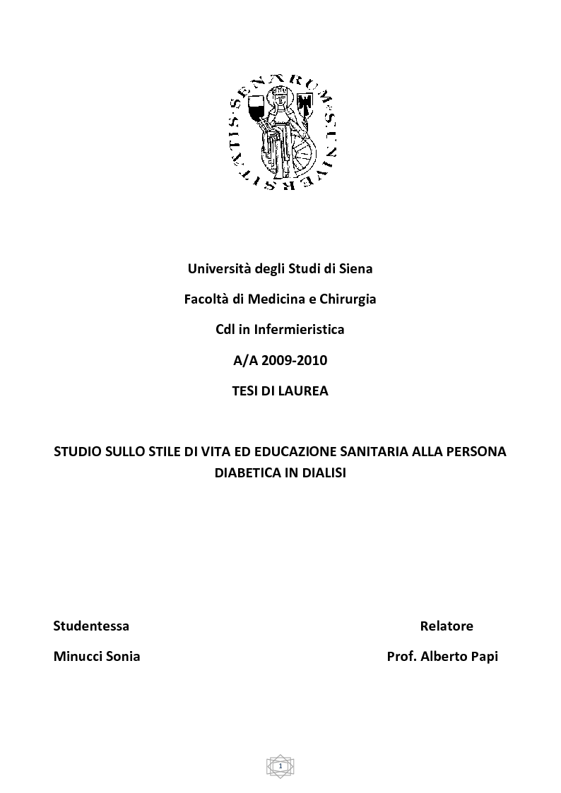 Anteprima della tesi: Studio sullo stile di vita ed educazione sanitaria della persona diabetica in dialisi, Pagina 1