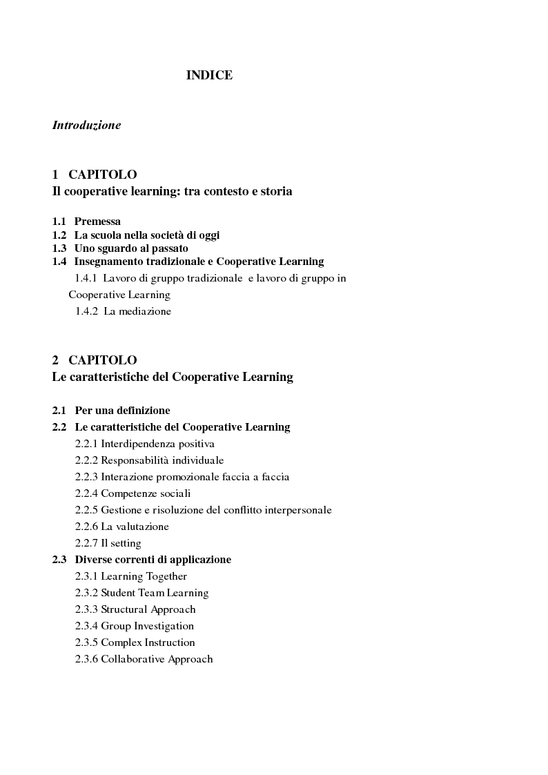 Indice della tesi: Primi passi per cooperare - l'esperienza di una quarta elementare, Pagina 1