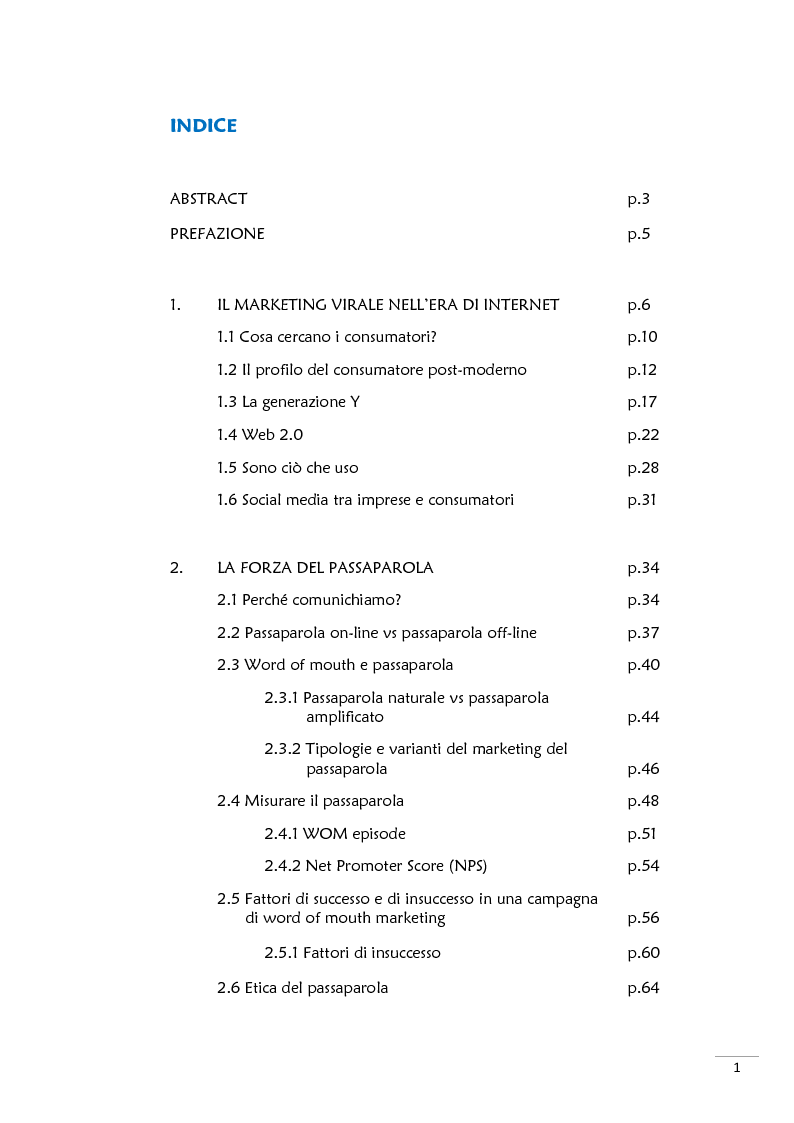 Indice della tesi: Parole, soltanto parole? Le nuove frontiere del marketing viste attraverso passaparola e marketing virale, Pagina 1