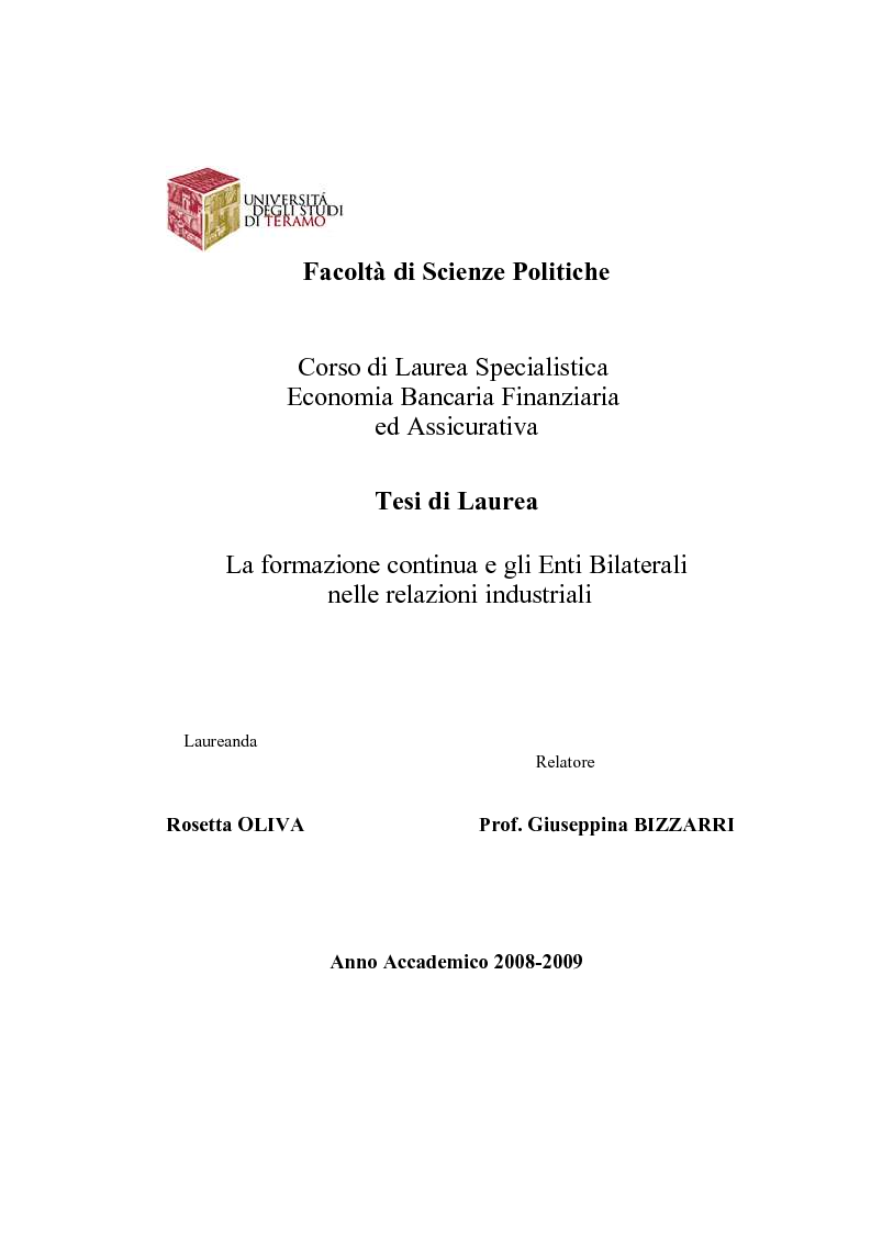 Anteprima della tesi: La formazione continua e gli Enti Bilaterali nelle relazioni industriali, Pagina 1
