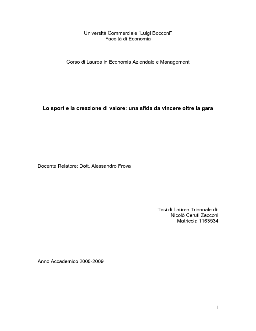 Anteprima della tesi: Lo sport e la creazione di valore: una sfida da vincere oltre la gara, Pagina 1
