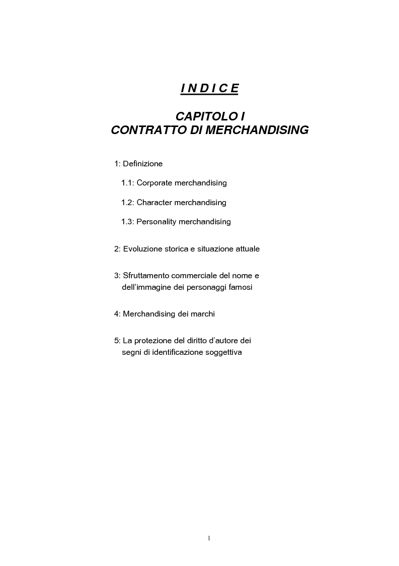 Indice della tesi: Il merchandising e le sue applicazioni nello sport, Pagina 1