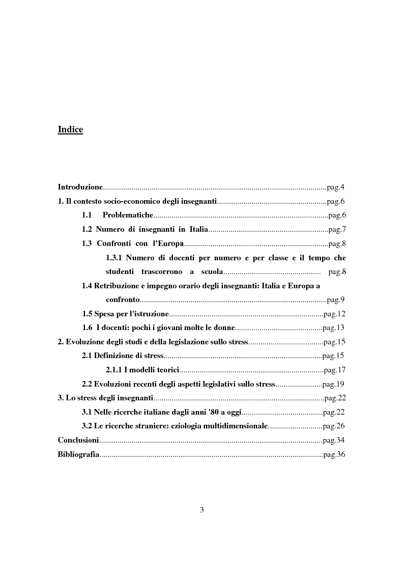 Indice della tesi: Stress e Lavoro degli insegnanti, Pagina 1