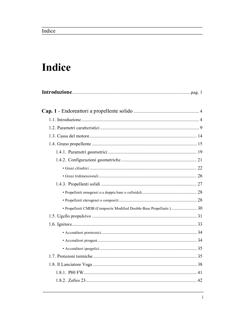 Indice della tesi: Caratterizzazione balistica di SRM e motori in piccola scala, Pagina 1