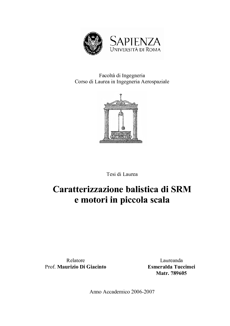 Anteprima della tesi: Caratterizzazione balistica di SRM e motori in piccola scala, Pagina 1