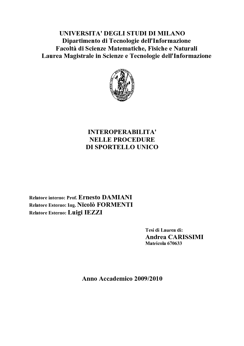 Universita Degli Studi Di Milano Dipartimento Di Tecnologie Dell Informazione Facolta Di Scienze Matematiche Tesionline