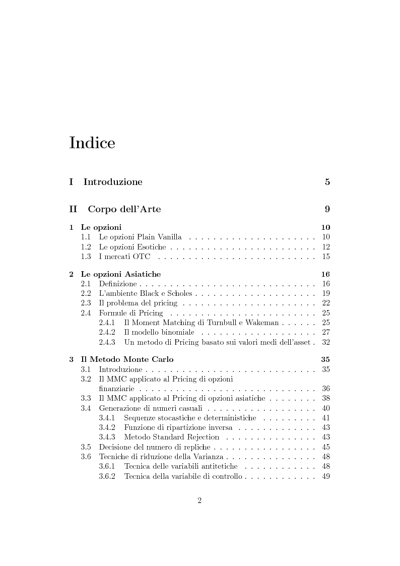 Indice della tesi: Opzioni asiatiche: tecniche di valutazione, Pagina 1