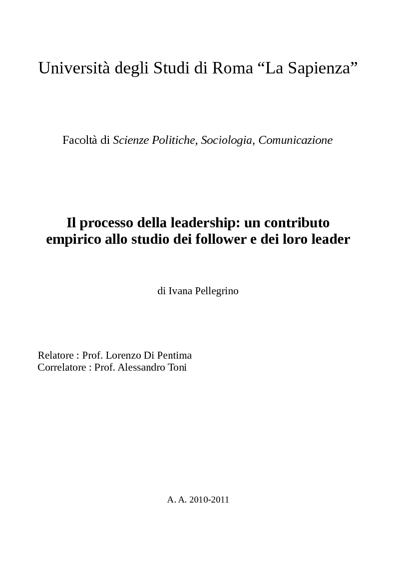 Anteprima della tesi: Il processo della leadership: un contributo empirico allo studio dei follower e dei loro leader, Pagina 1