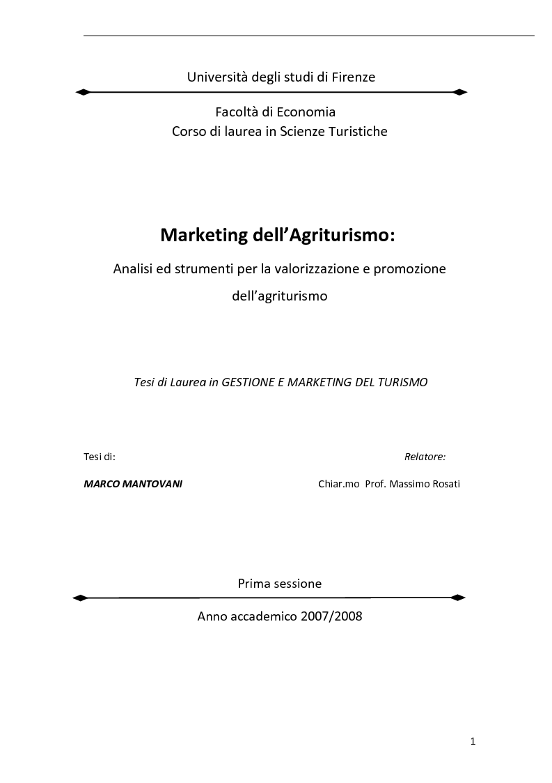 Anteprima della tesi: Marketing dell’Agriturismo: analisi ed strumenti per la valorizzazione e promozione dell’agriturismo, Pagina 1