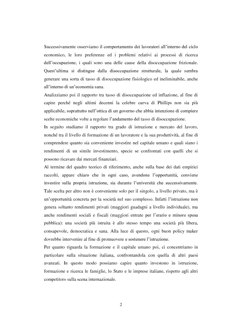 Anteprima della tesi: Occupazione e retribuzione dei laureati in Giurisprudenza - Mercato del lavoro, capitale umano e disoccupazione, Pagina 3
