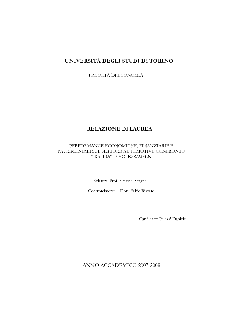 Anteprima della tesi: Performance economiche, finanziarie e patrimoniali sul settore automotive : confronto tra Fiat e Volkswagen, Pagina 1