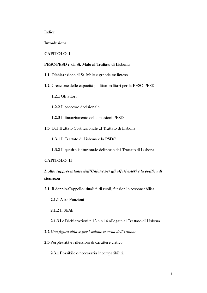 Indice della tesi: L'alto Rappresentante dell'Unione per gli affari esteri e la politica di sicurezza, Pagina 1