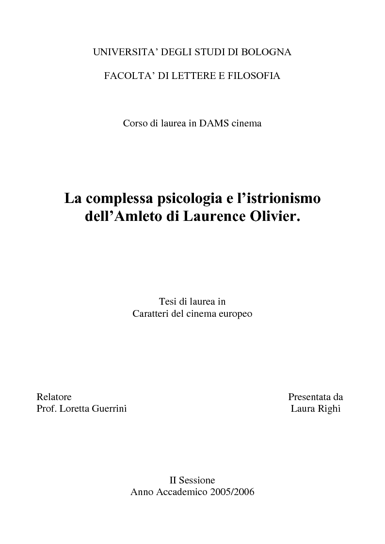 Anteprima della tesi: La complessa psicologia e l'istrionismo dell'Amleto di Laurence Olivier, Pagina 1