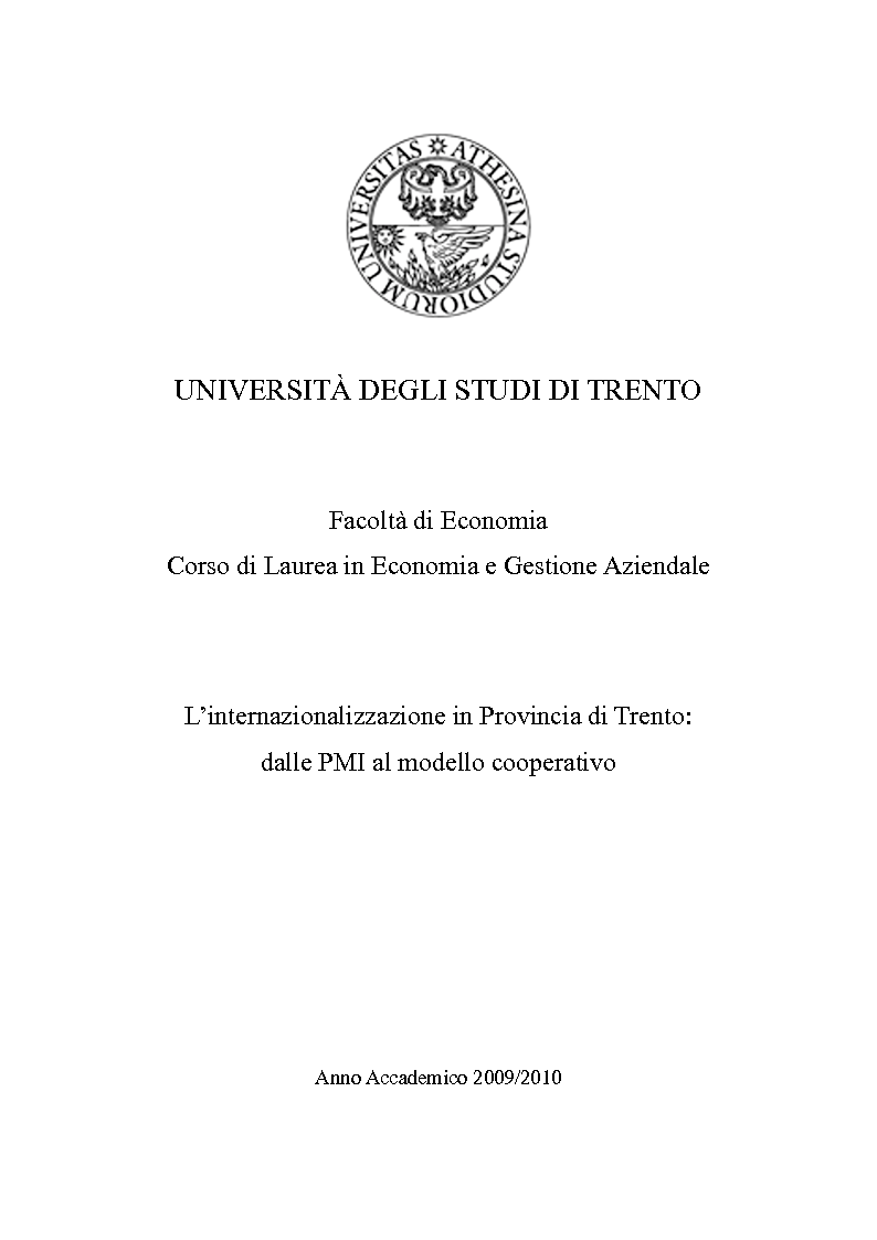Anteprima della tesi: L’internazionalizzazione in provincia di Trento: dalle PMI al modello cooperativo, Pagina 1
