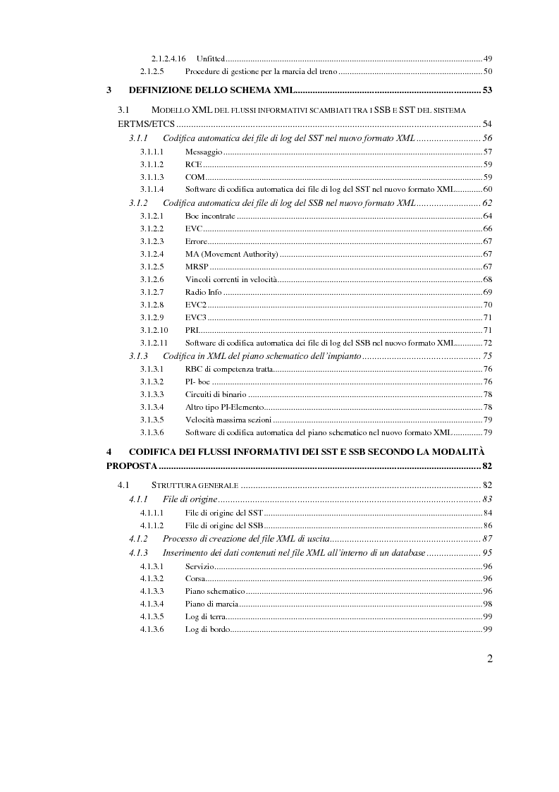 Indice della tesi: Una piattaforma per il monitoraggio delle prestazioni del sistema europeo di sicurezza ERTMS/ETCS per il distanziamento treni per le linee AV/AC italiane, Pagina 2