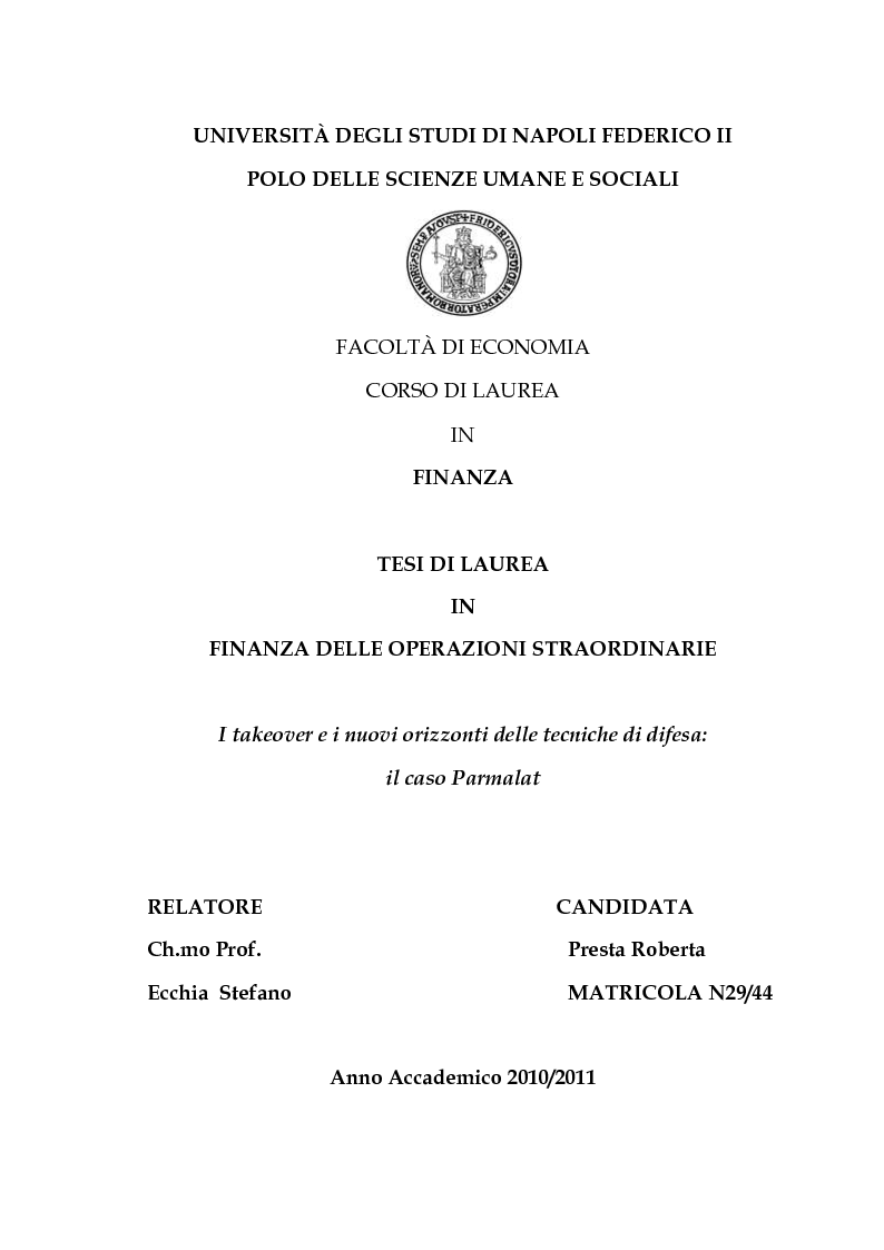 Anteprima della tesi: I takeover e i nuovi orizzonti delle tecniche di difesa: il caso Parmalat, Pagina 1