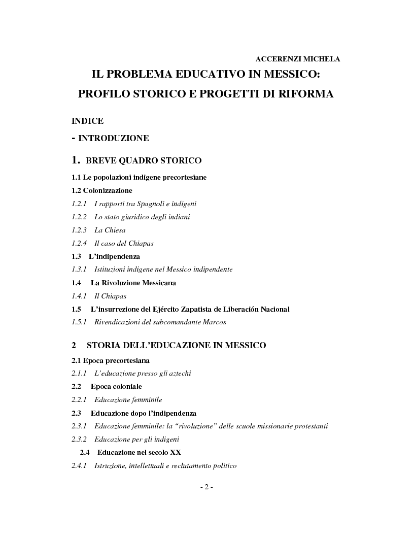 Indice della tesi: Il problema educativo in Messico: profilo storico e progetti di riforma, Pagina 1