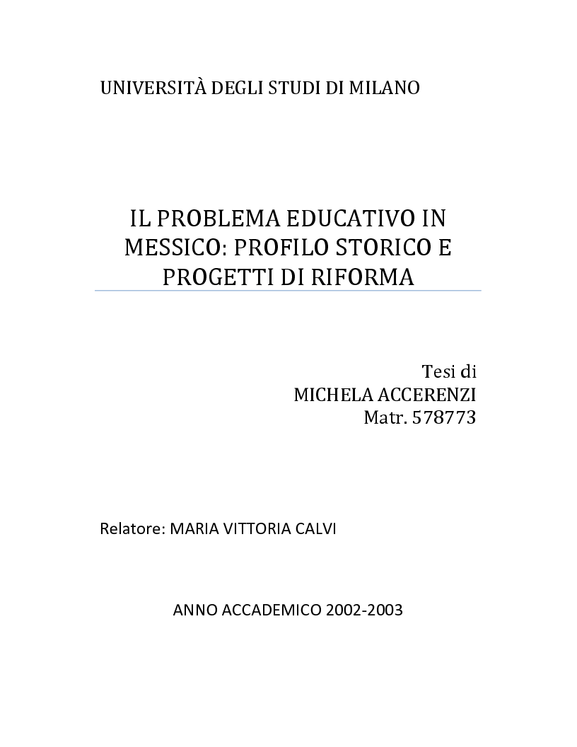 Anteprima della tesi: Il problema educativo in Messico: profilo storico e progetti di riforma, Pagina 1