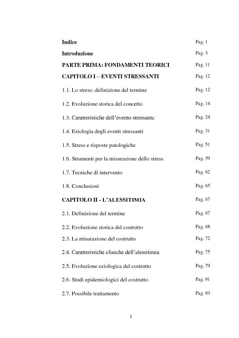 Indice della tesi: Eventi Stressanti e Alessitimia: Aspetti metodologici, Pagina 1