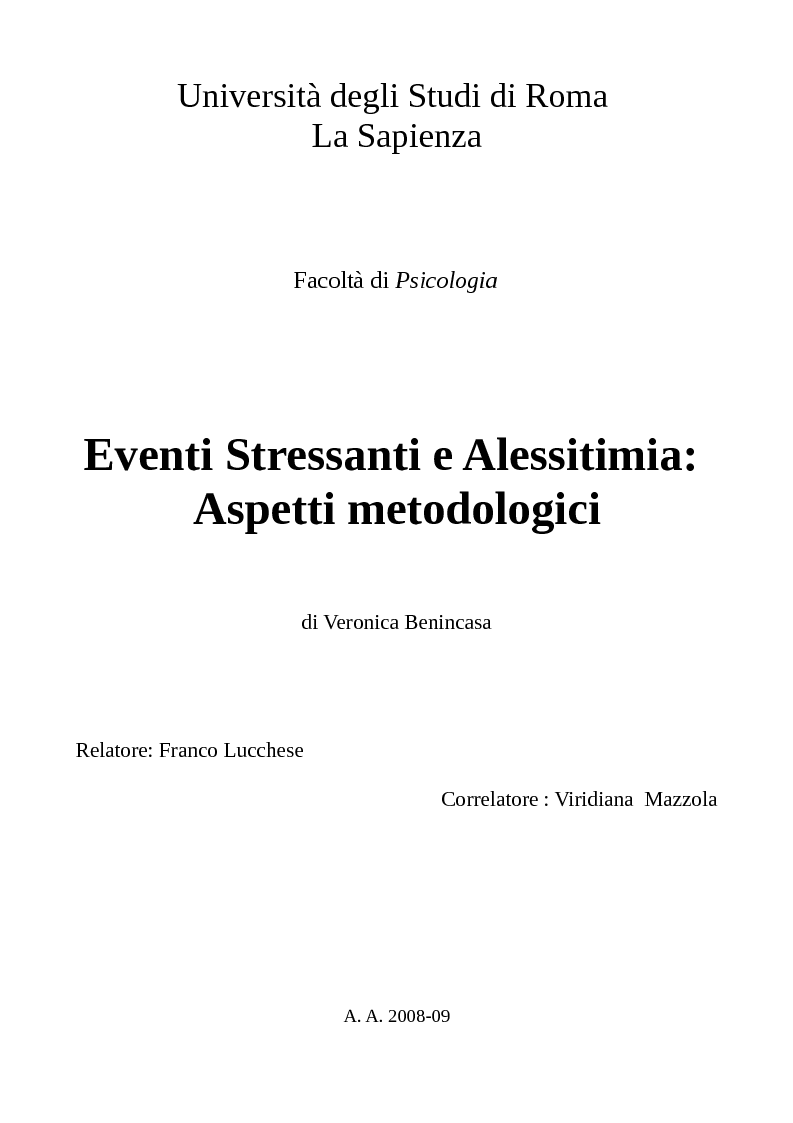 Anteprima della tesi: Eventi Stressanti e Alessitimia: Aspetti metodologici, Pagina 1