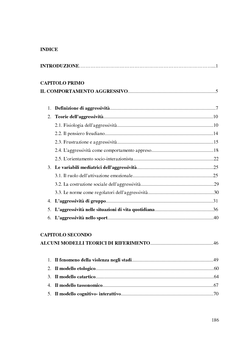 Indice della tesi: L'aggressività dei tifosi del calcio: un fenomeno psico-sociale, Pagina 1