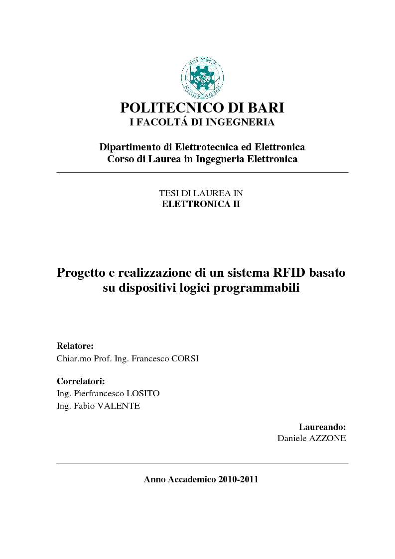Anteprima della tesi: Progetto e realizzazzione di un sistema RFID basato su dispositivi logici programmabili, Pagina 1