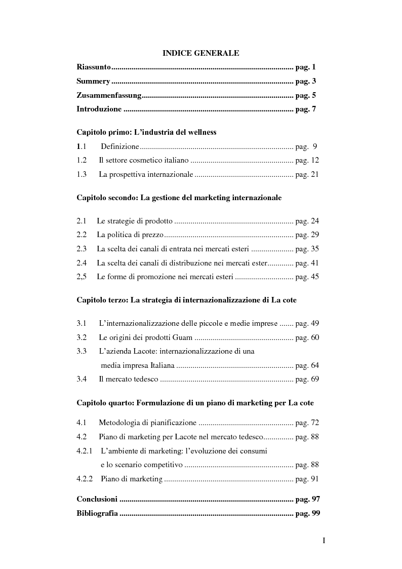 Indice della tesi: Le Strategie di Internazionalizzazione d'Impresa - Il Caso Lacote, Pagina 1