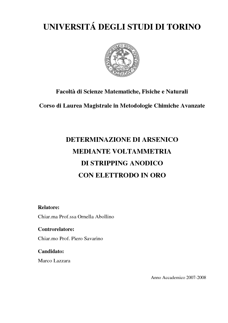 Anteprima della tesi: Determinazione di arsenico mediante voltammetria di stripping anodico con elettrodo in oro, Pagina 1