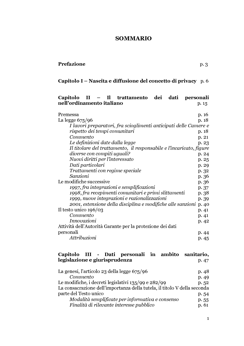 Indice della tesi: Il trattamento dei dati sensibili in medicina, aspetti medico legali e spunti di diritto comparato., Pagina 1
