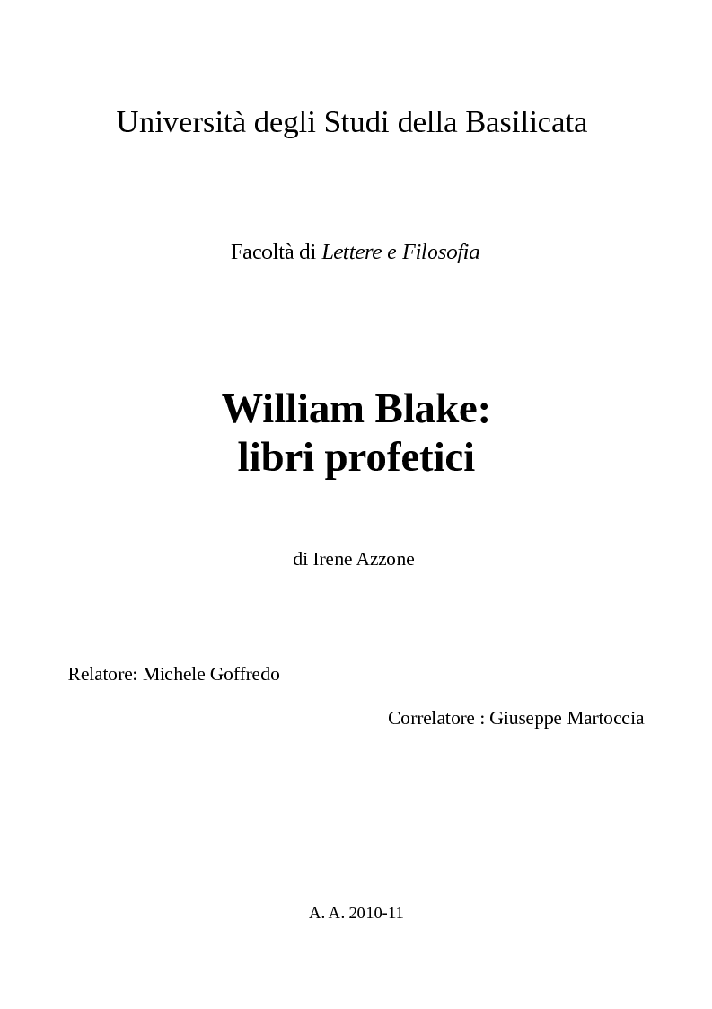 Anteprima della tesi: William Blake: Libri Profetici, Pagina 1