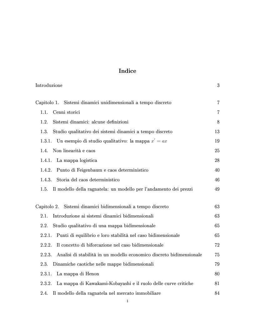 Indice della tesi: Sistemi dinamici e mercati finanziari, Pagina 1