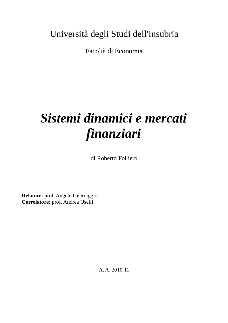 Anteprima della tesi: Sistemi dinamici e mercati finanziari, Pagina 1
