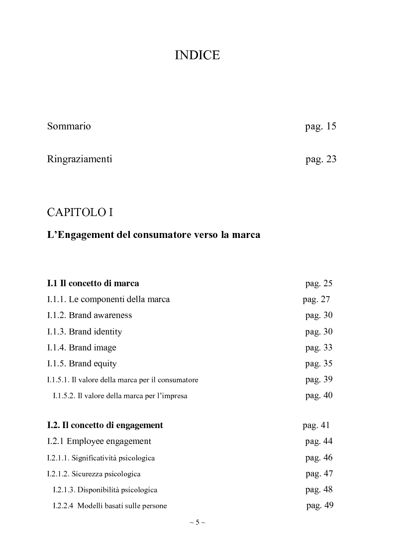 Indice della tesi: L'engagement del consumatore verso la marca:la prospettiva del mercato della comunicazione., Pagina 1