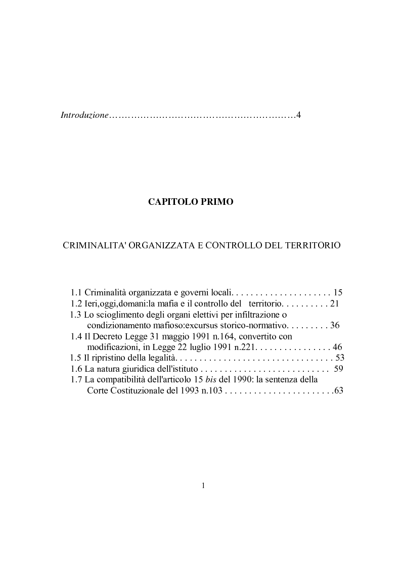 Indice della tesi: Scioglimento dei Consigli Comunali per infiltrazioni criminali, Pagina 1