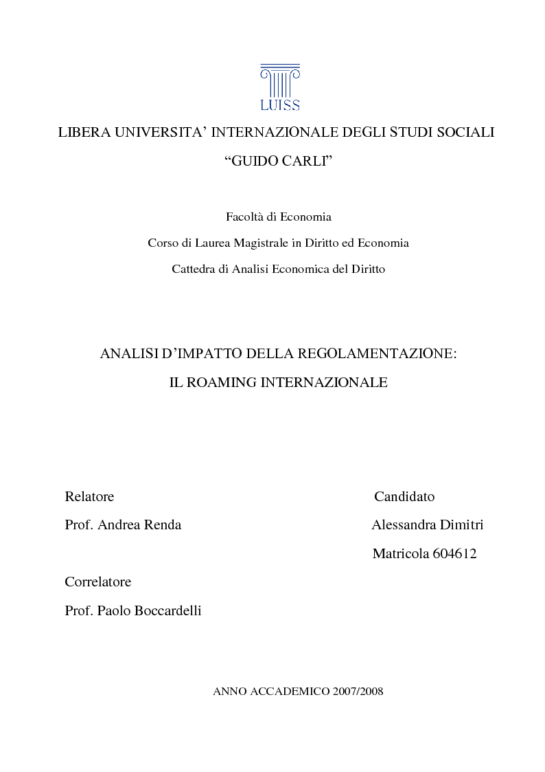 Anteprima della tesi: Analisi d'impatto della regolamentazione: il roaming internazionale, Pagina 1