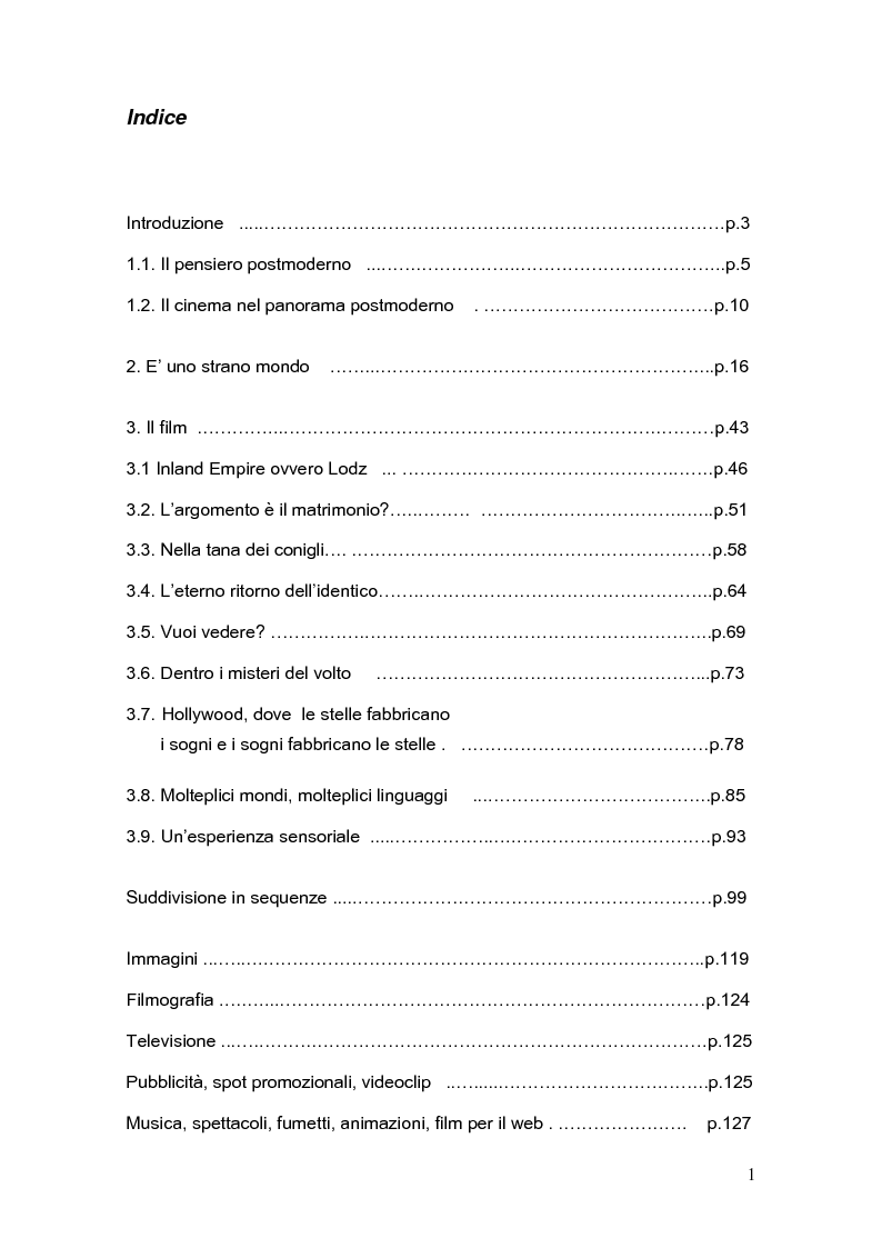 Indice della tesi: Il poliformismo narrativo e linguistico in INLAND EMPIRE di David Lynch, Pagina 1
