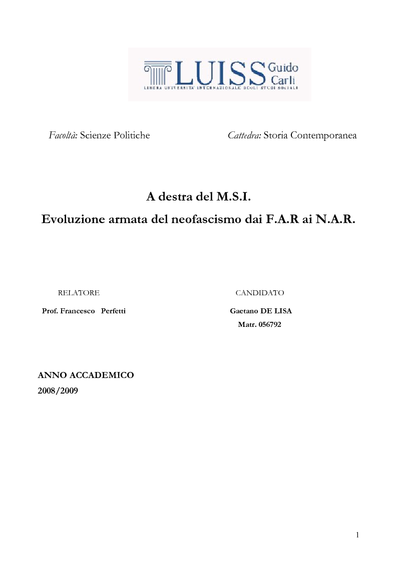 Anteprima della tesi: A Destra del M.S.I. Evoluzione armata del neofascismo dai F.A.R. ai N.A.R., Pagina 1
