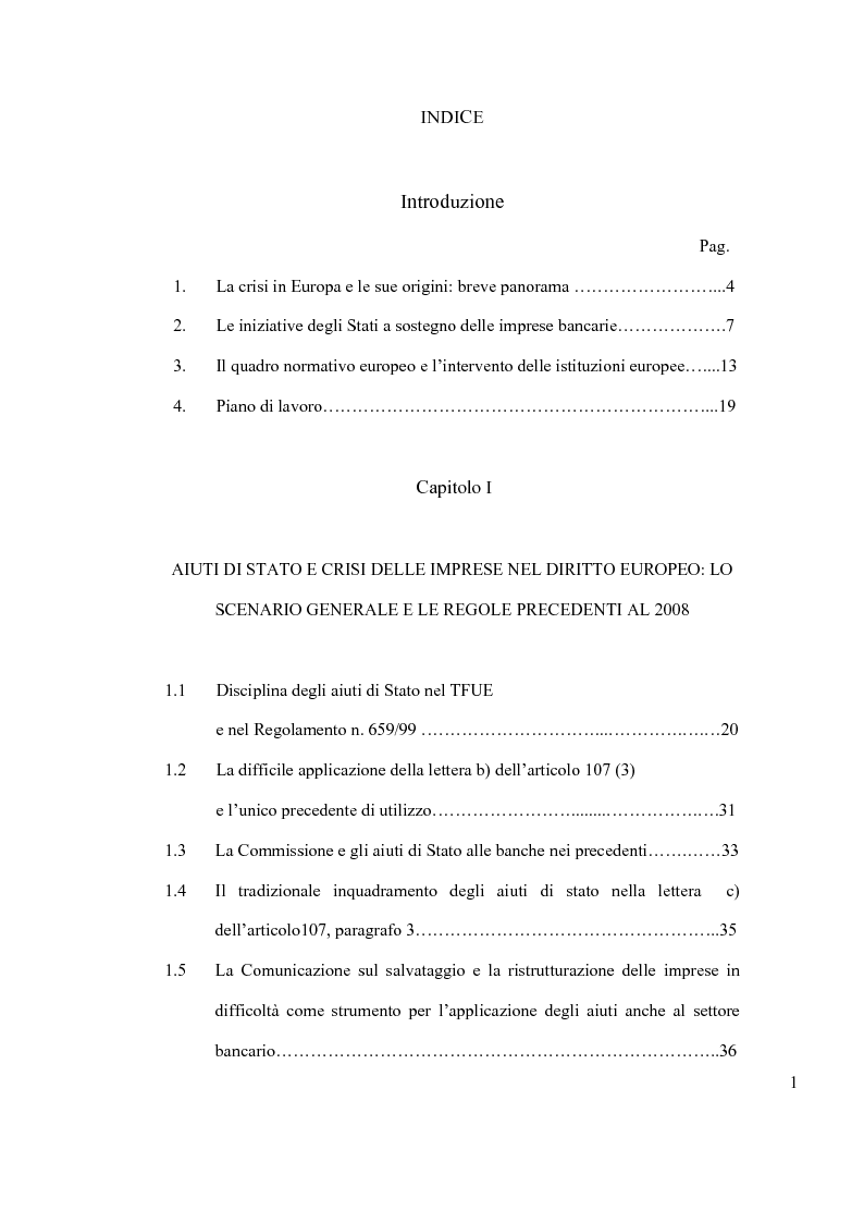 Indice della tesi: Crisi economico - finanziaria e aiuti alle imprese nel diritto europeo, Pagina 1