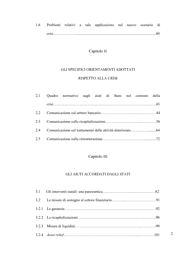 Indice della tesi: Crisi economico - finanziaria e aiuti alle imprese nel diritto europeo, Pagina 2