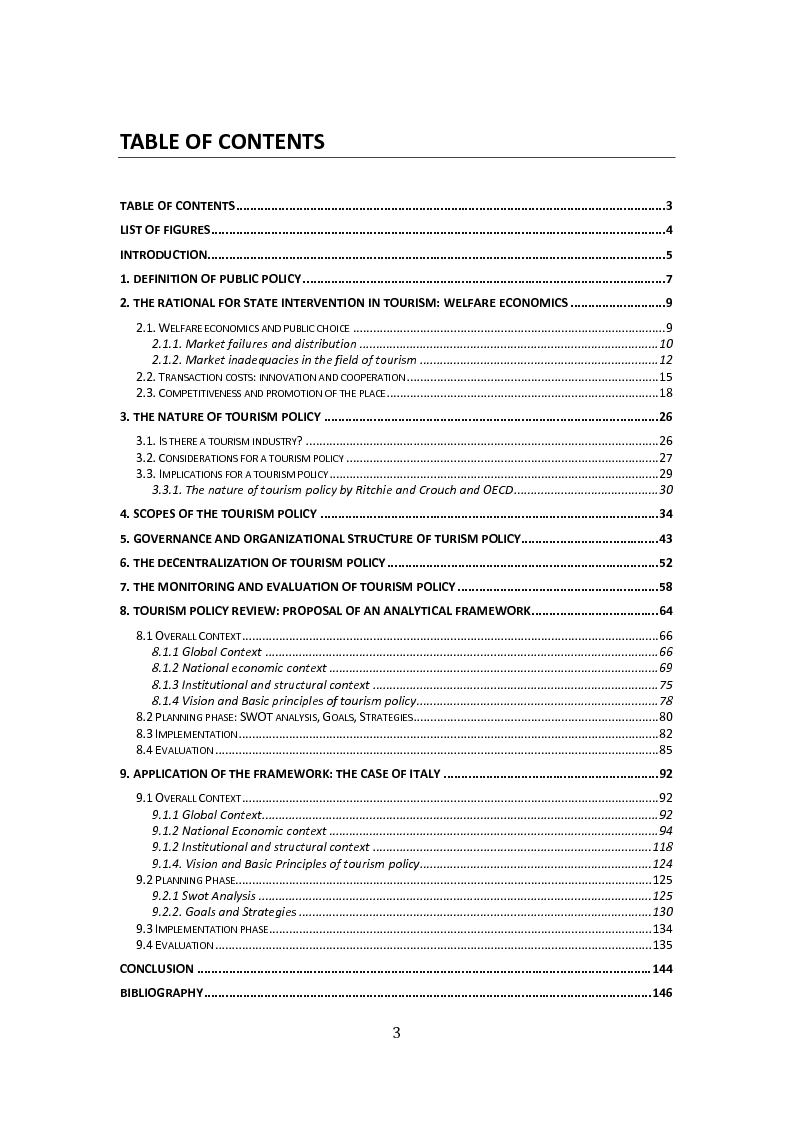 Indice della tesi: National Tourism Policy. Analytical Framework for the Evaluation of Efficiency and Effectiveness: The Case of Italy, Pagina 1